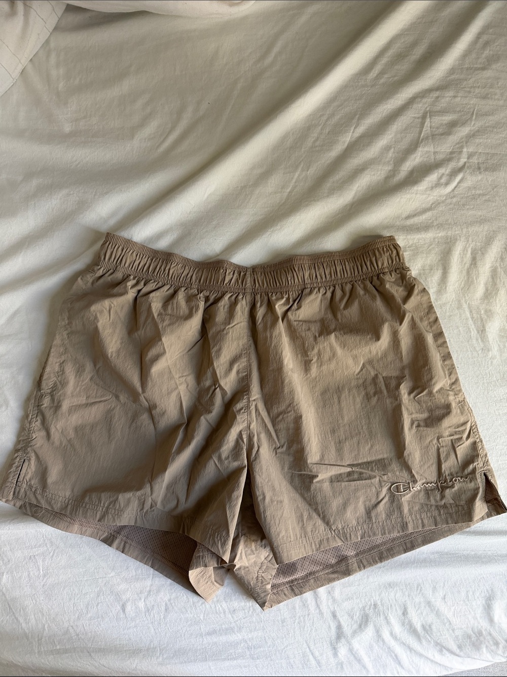 Champion Tan Running Shorts with Embroidered Logo
